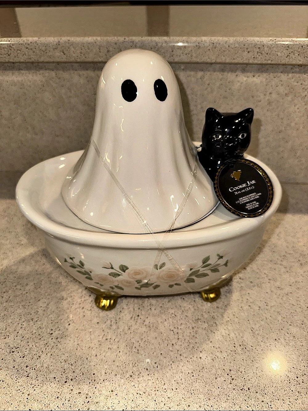 Haunted Halloween Ghost and Black Cat Bathtub Cookie Jar White & Black